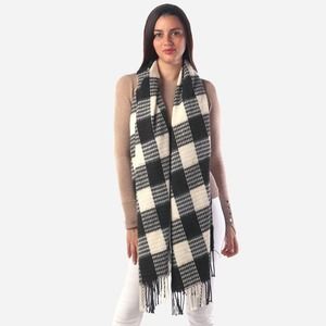 Black White Buffalo Check Woven Knit Oblong Fringe Scarf